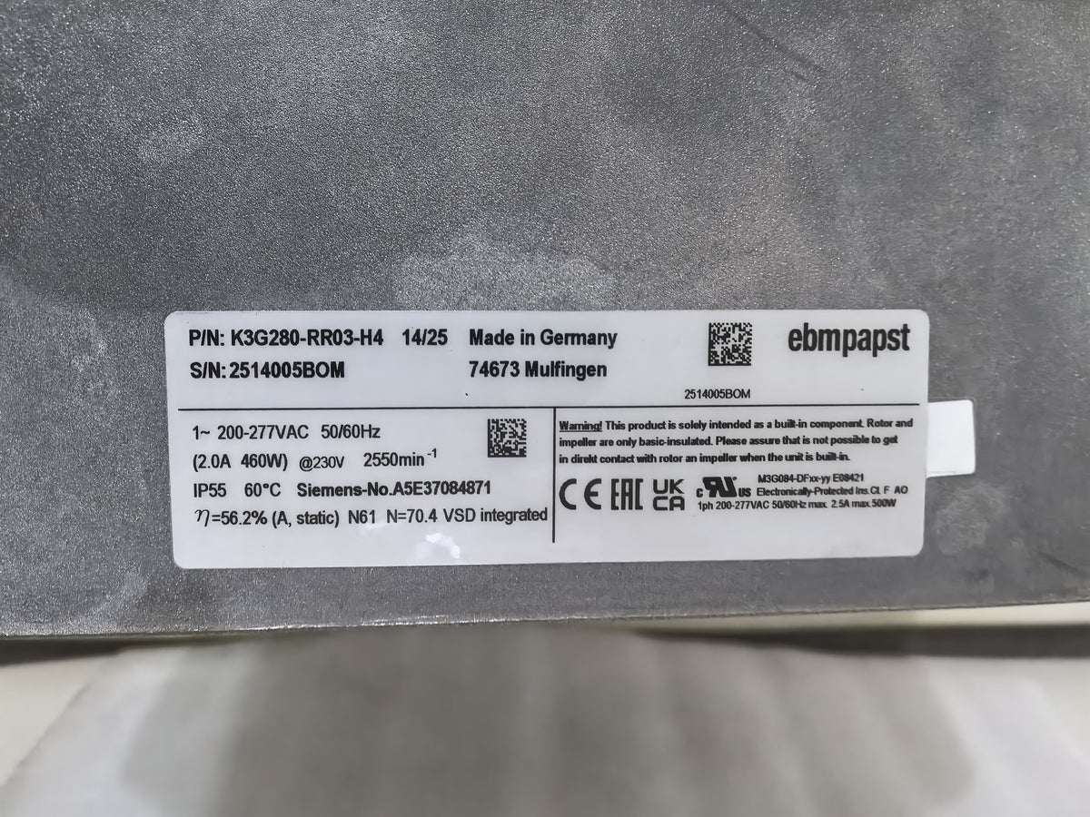 Nameplate detail of ebm-papst K3G280-RR03-H4 centrifugal fan