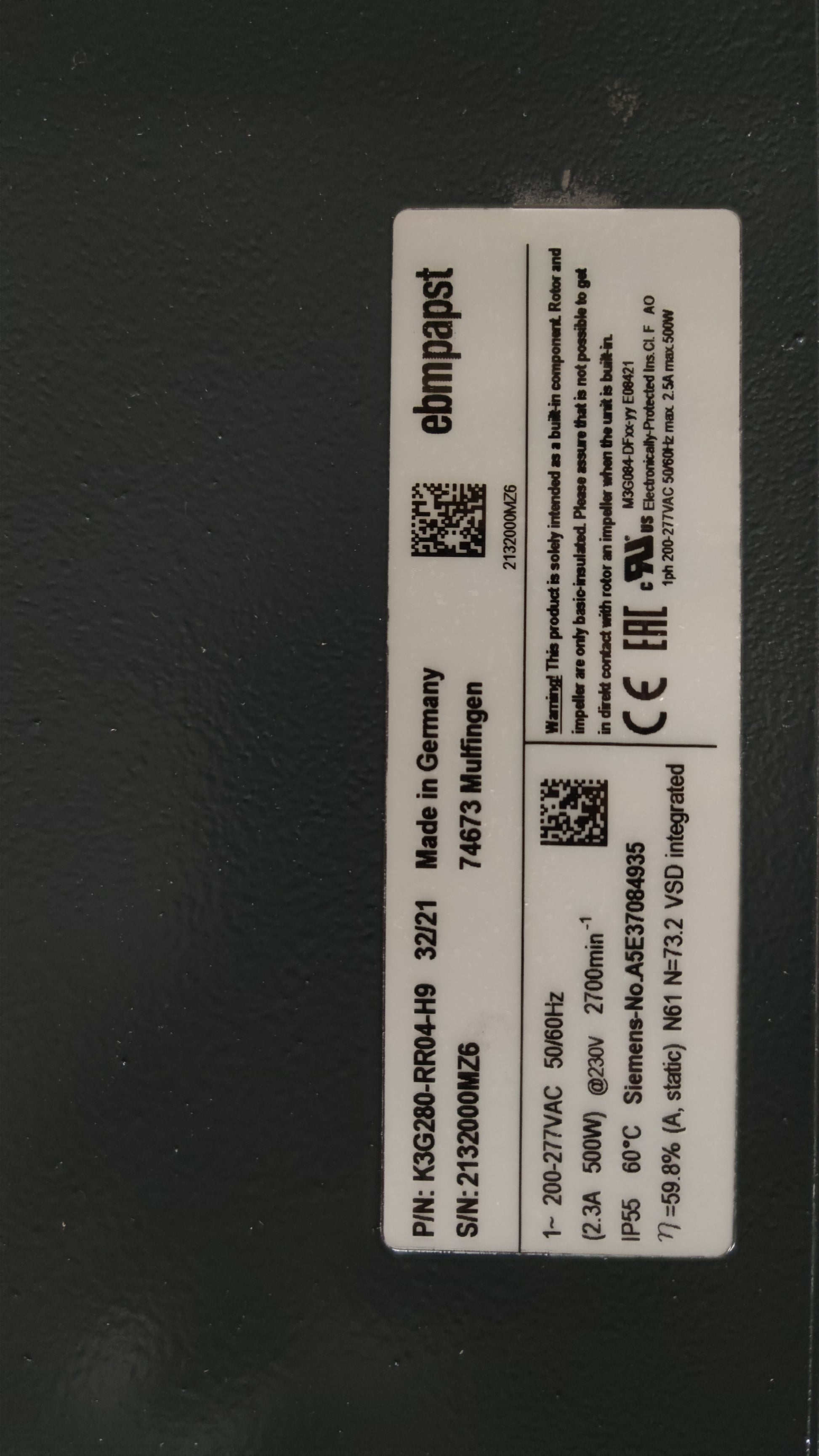 Nameplate detail of ebm-papst K3G280-RR04-H9 industrial fan