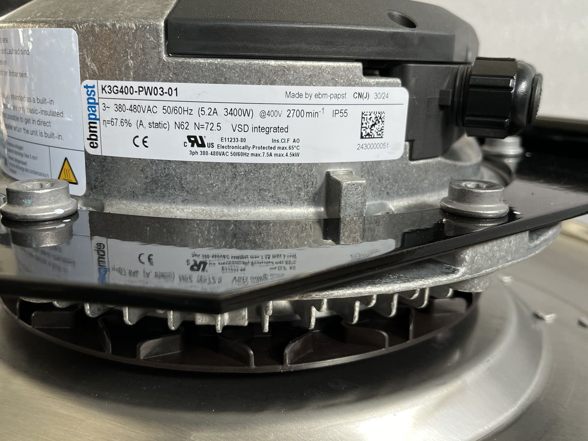 Nameplate detail of ebm-papst K3G400-PW03-01 centrifugal fan
