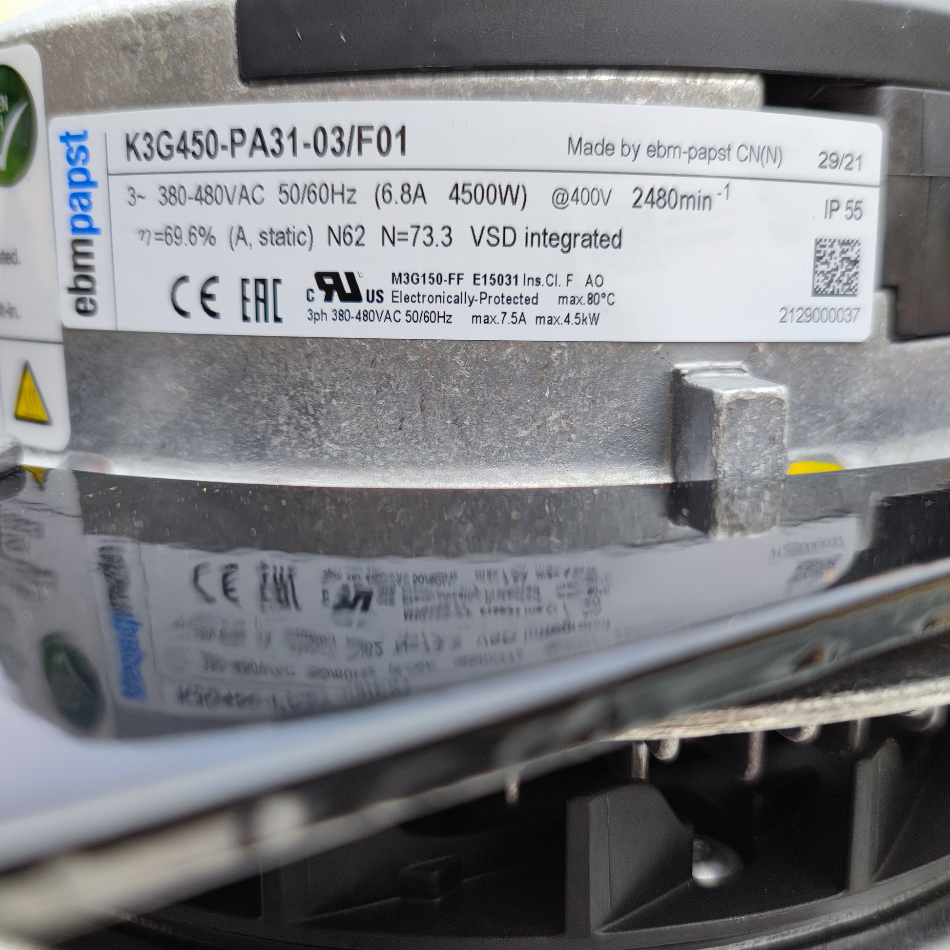 Nameplate detail of ebm-papst K3G450-PA31-03/F01 centrifugal fan