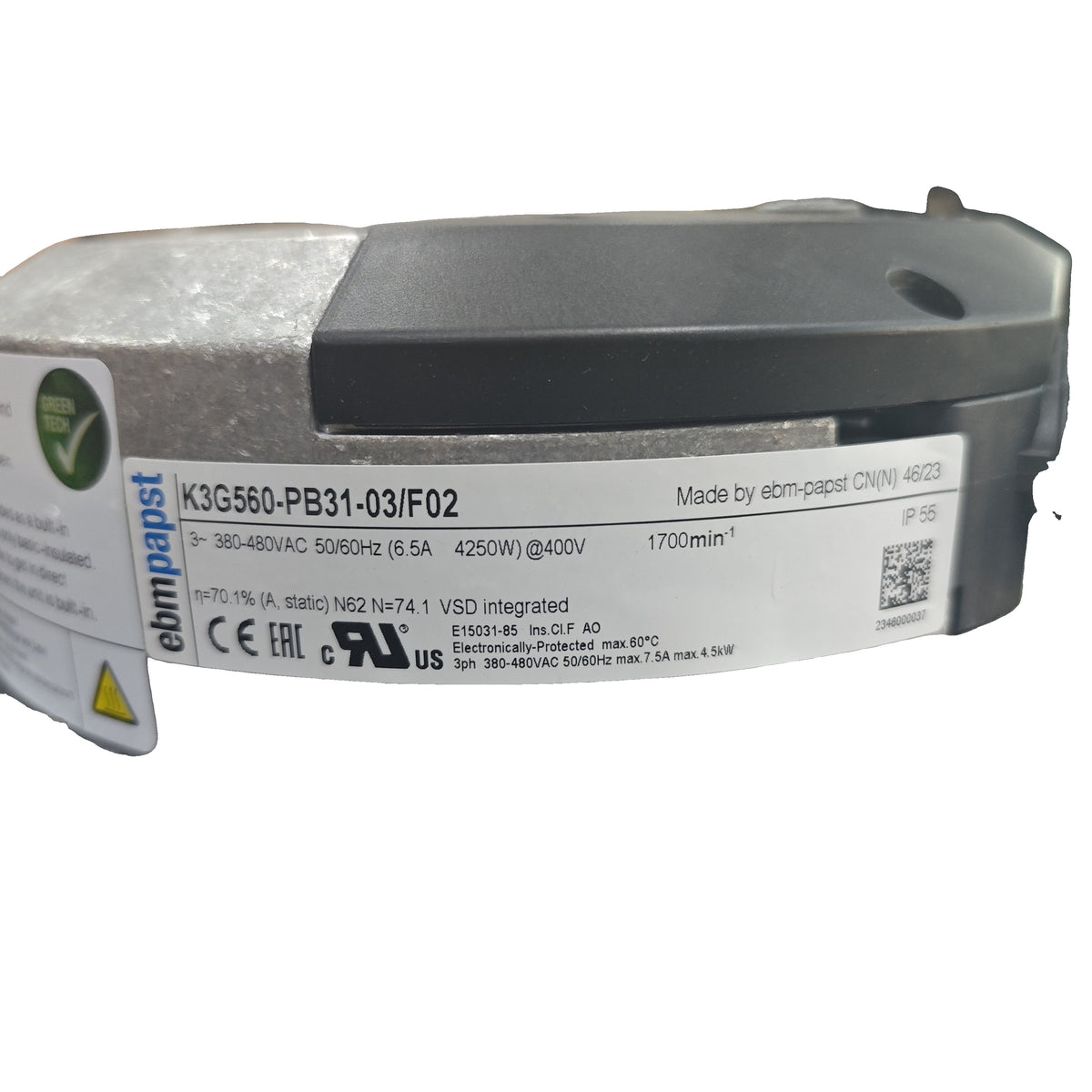 Nameplate detail of ebm-papst K3G560-PB31-03/F02 centrifugal fan