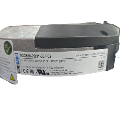 Nameplate detail of ebm-papst K3G560-PB31-03/F02 centrifugal fan