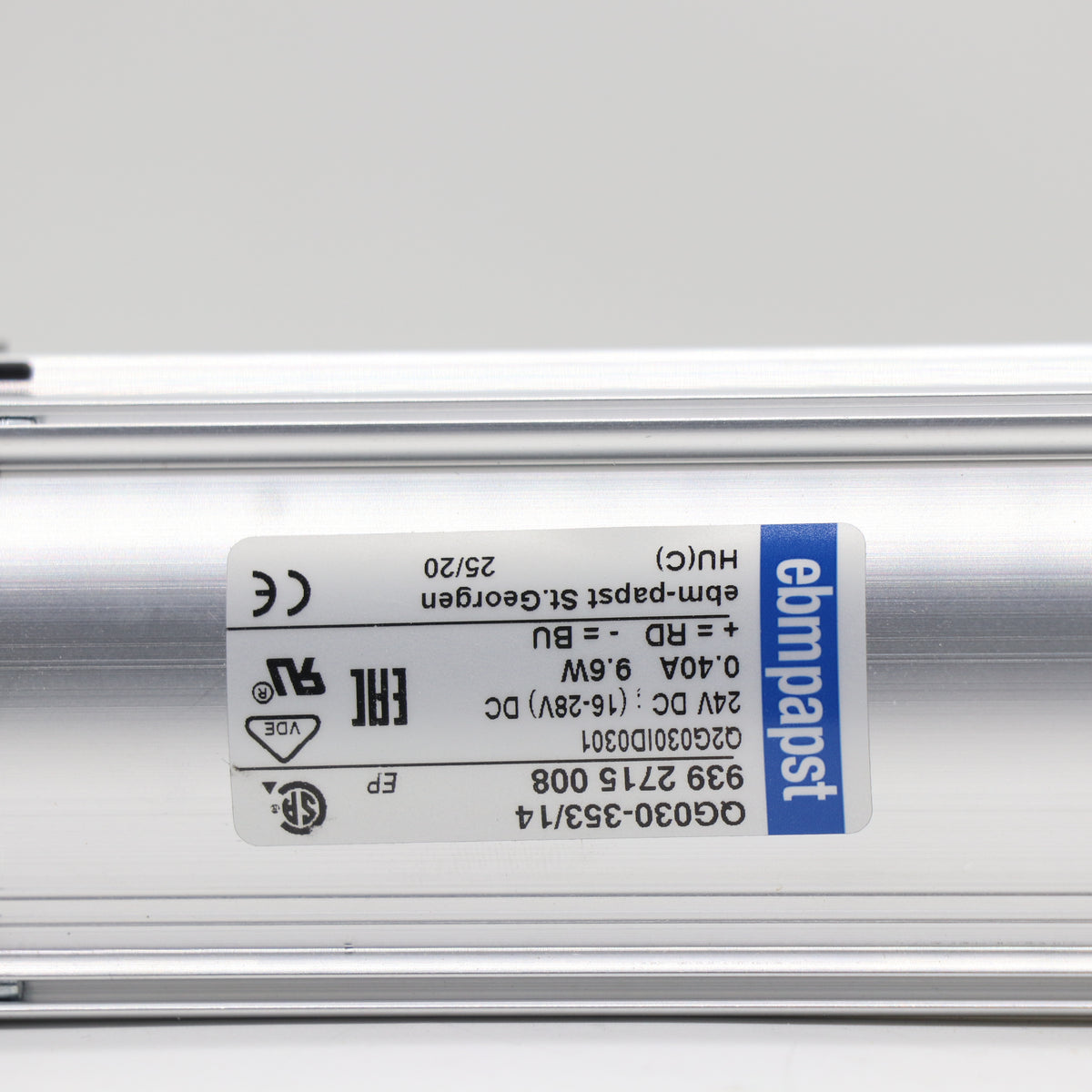 Nameplate detail of ebm-papst QG030-353/14 cross-flow fan