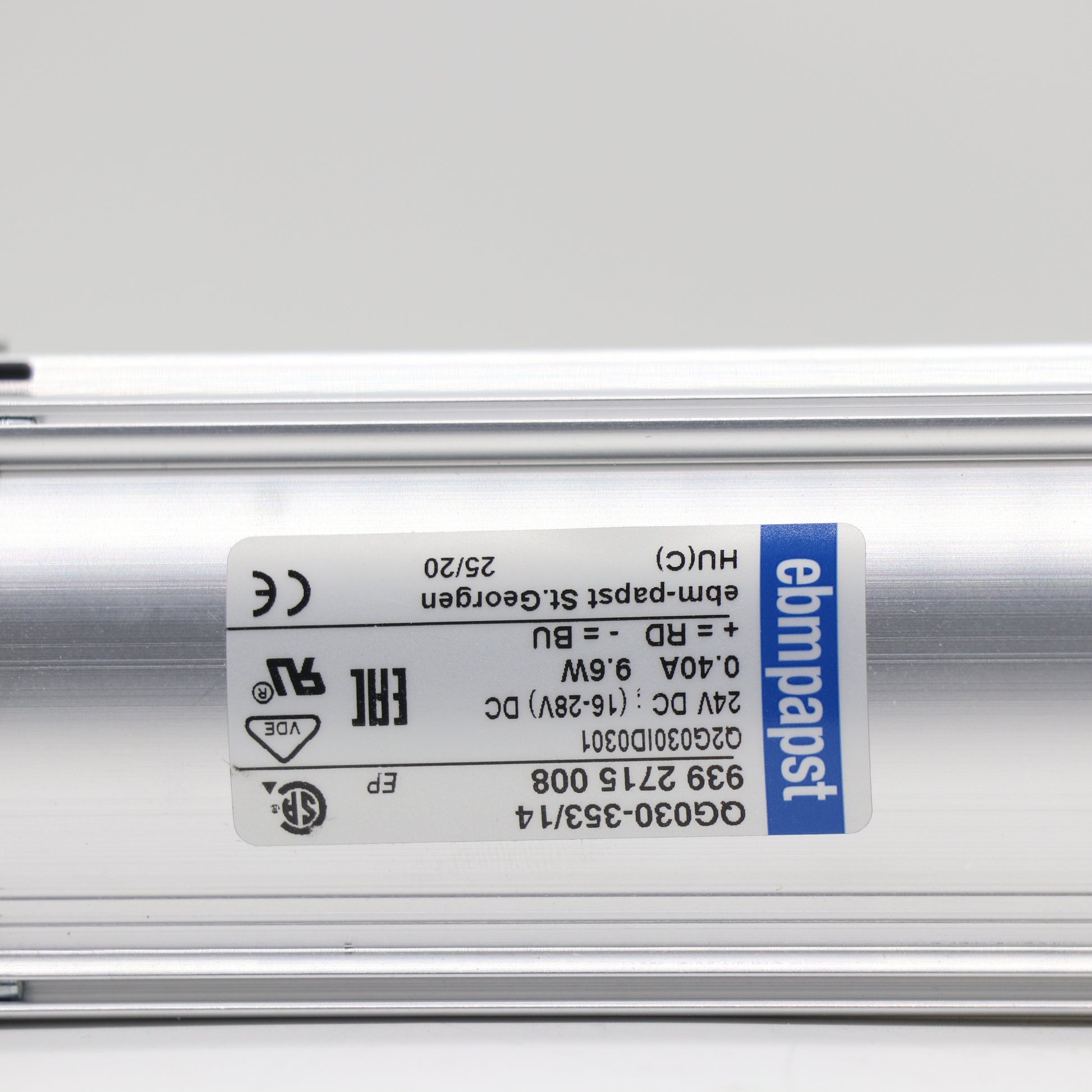 Nameplate detail of ebm-papst QG030-353/14 cross-flow fan