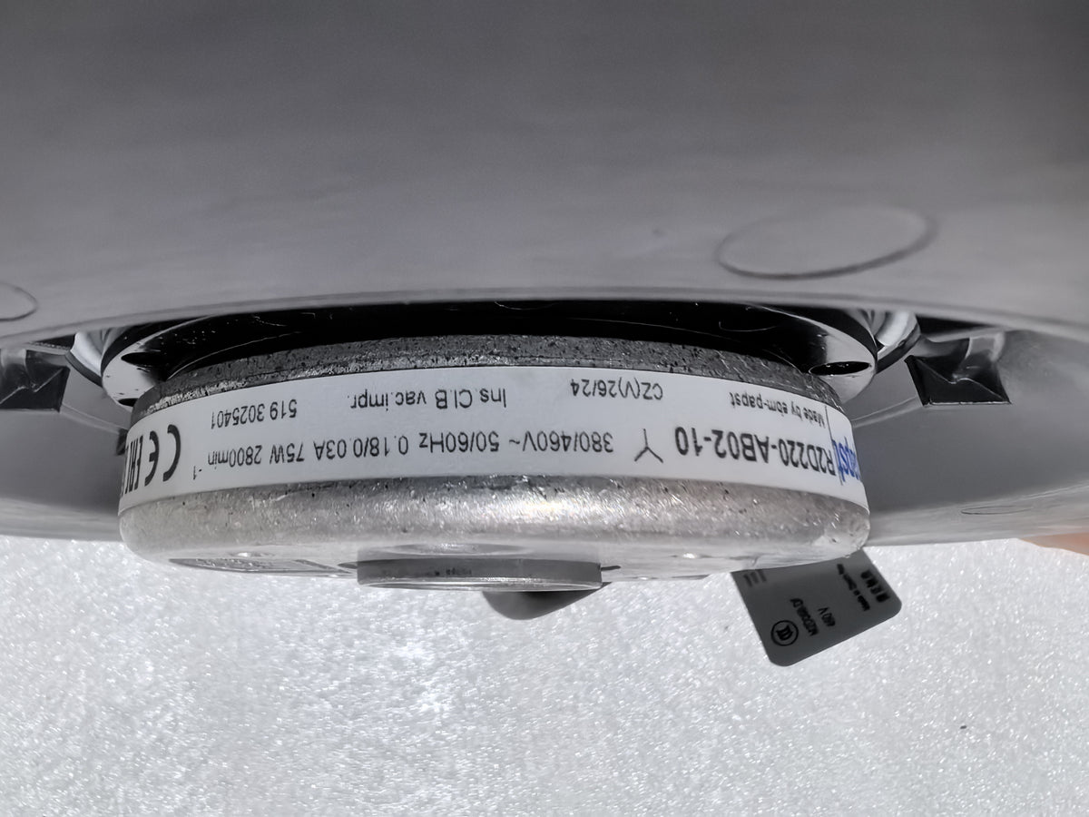 Nameplate detail of ebm-papst R2D220-AB02-10 centrifugal fan