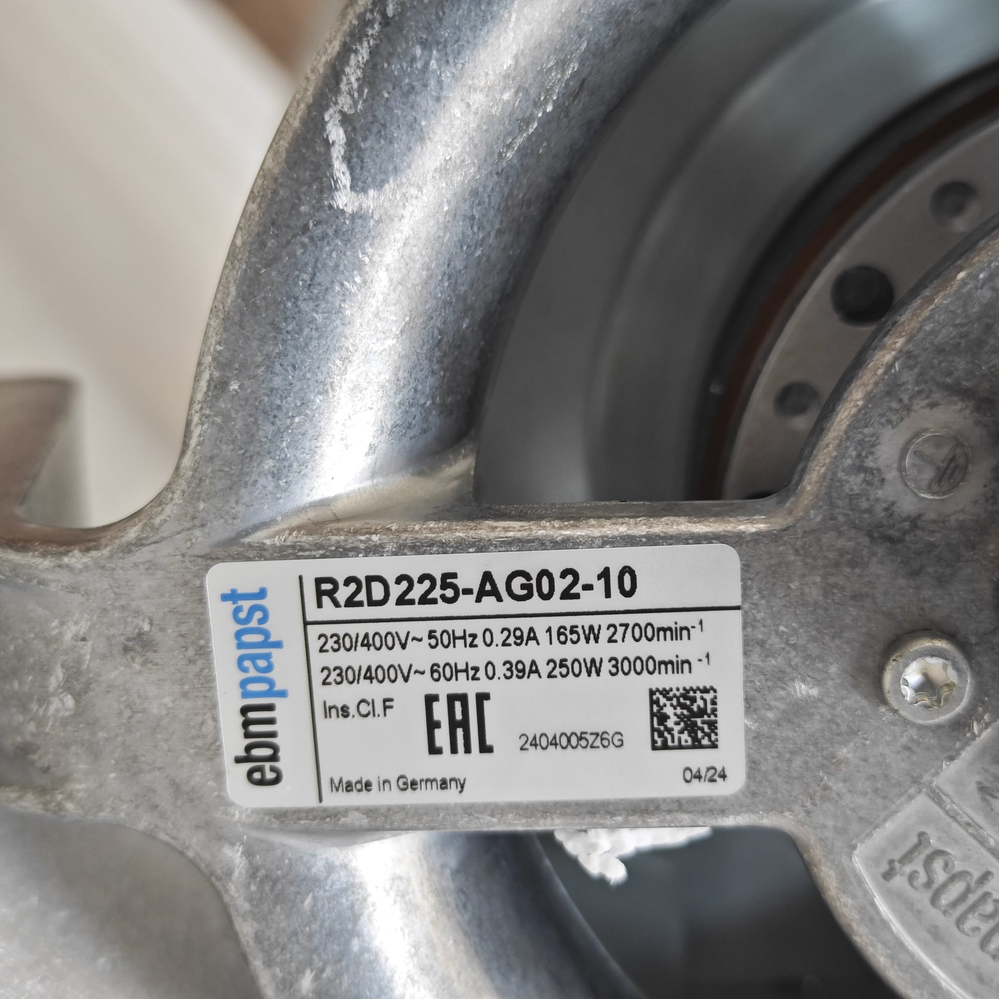 Nameplate detail of ebm-papst R2D225-AG02-10 centrifugal fan