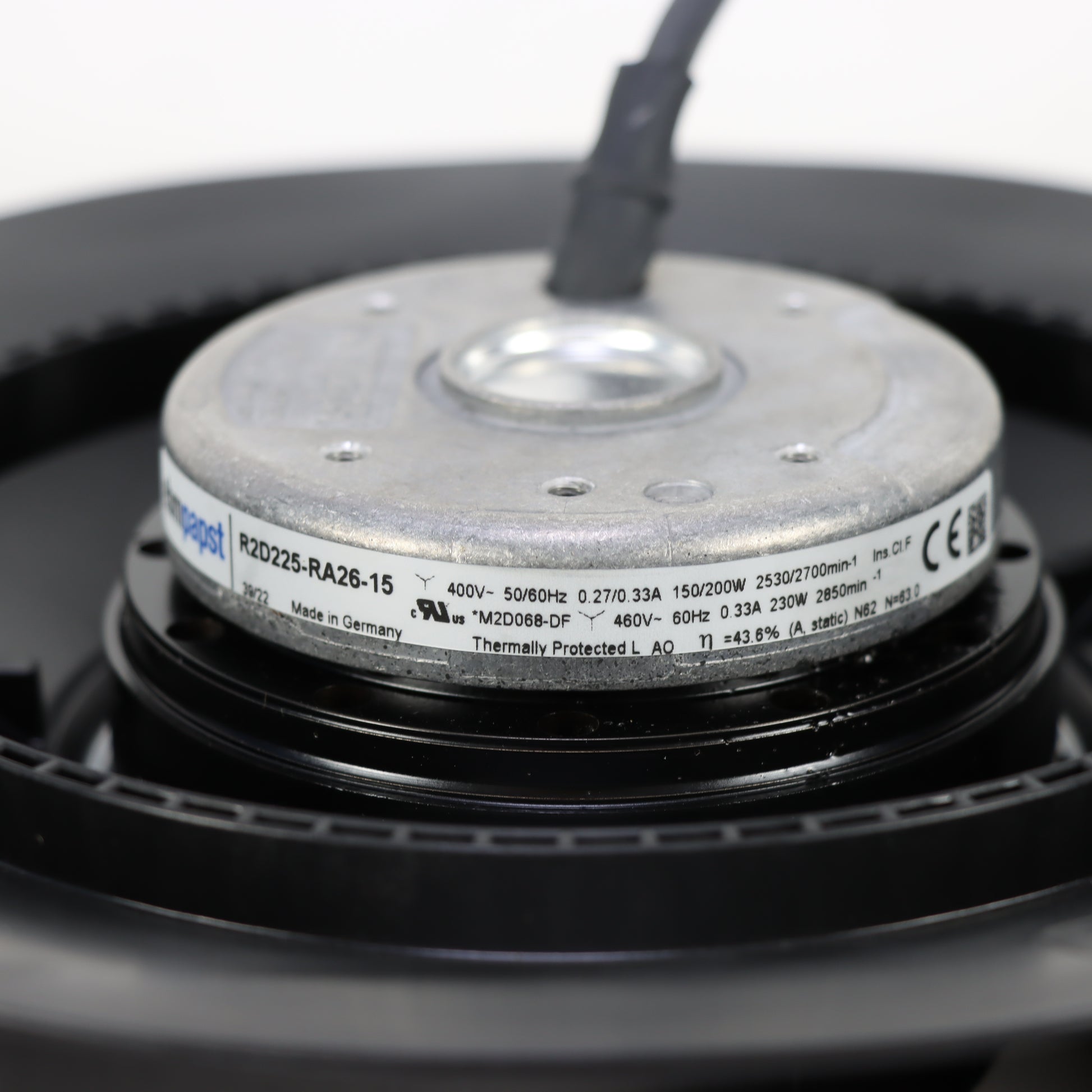 Nameplate detail of ebm-papst R2D225-RA26-15 centrifugal fan