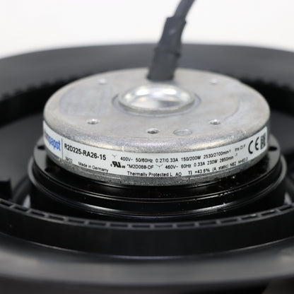 Nameplate detail of ebm-papst R2D225-RA26-15 centrifugal fan