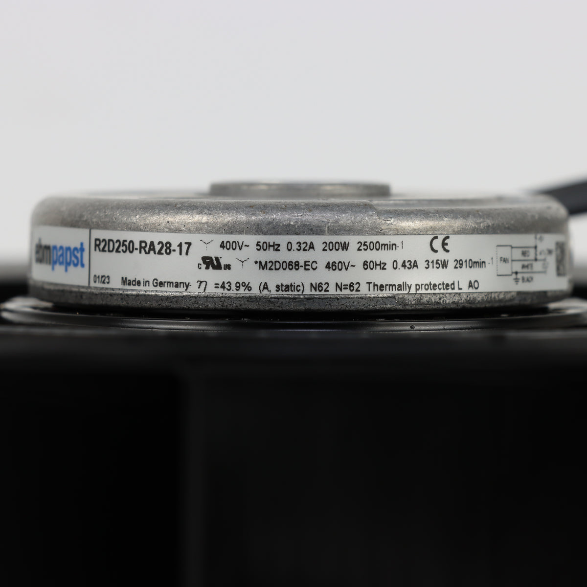 Nameplate detail of ebm-papst R2D250-RA28-17 centrifugal fan