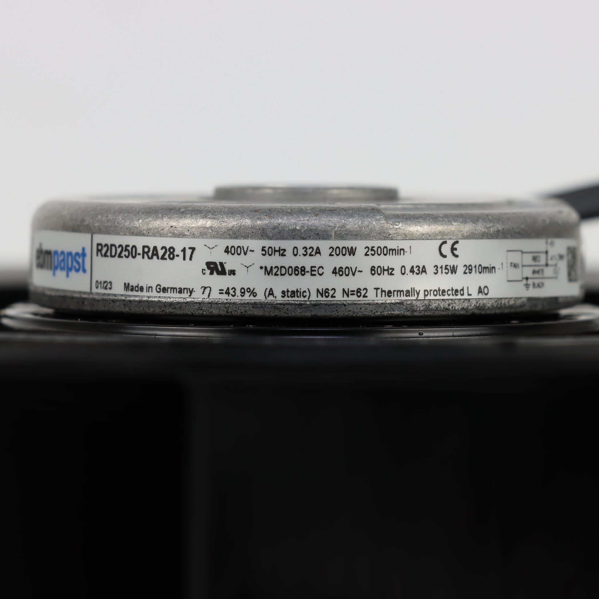Nameplate detail of ebm-papst R2D250-RA28-17 centrifugal fan