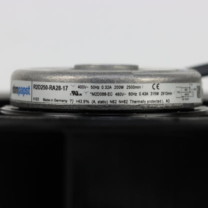 Nameplate detail of ebm-papst R2D250-RA28-17 centrifugal fan
