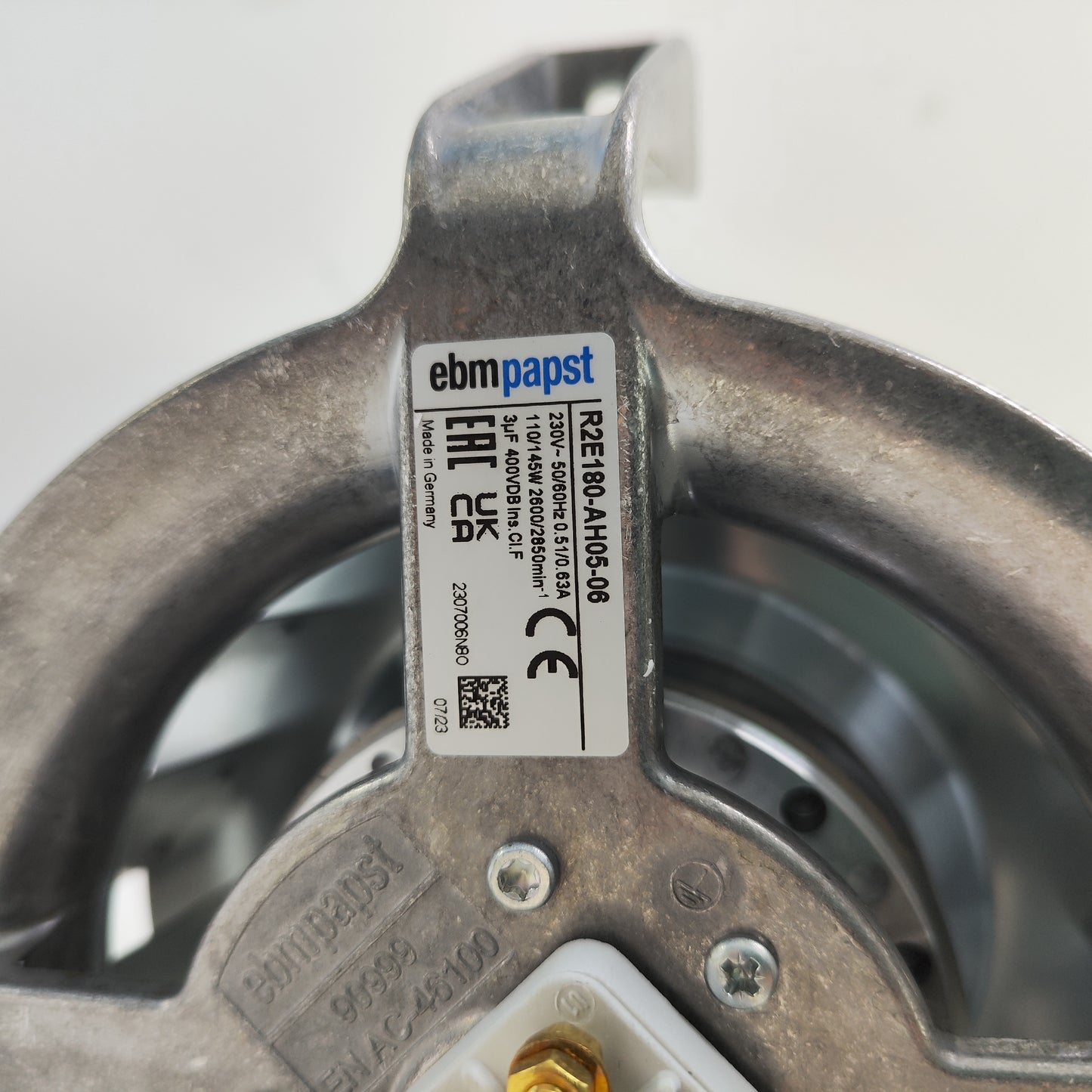 Nameplate detail of ebm-papst R2E180-AH05-06 centrifugal fan