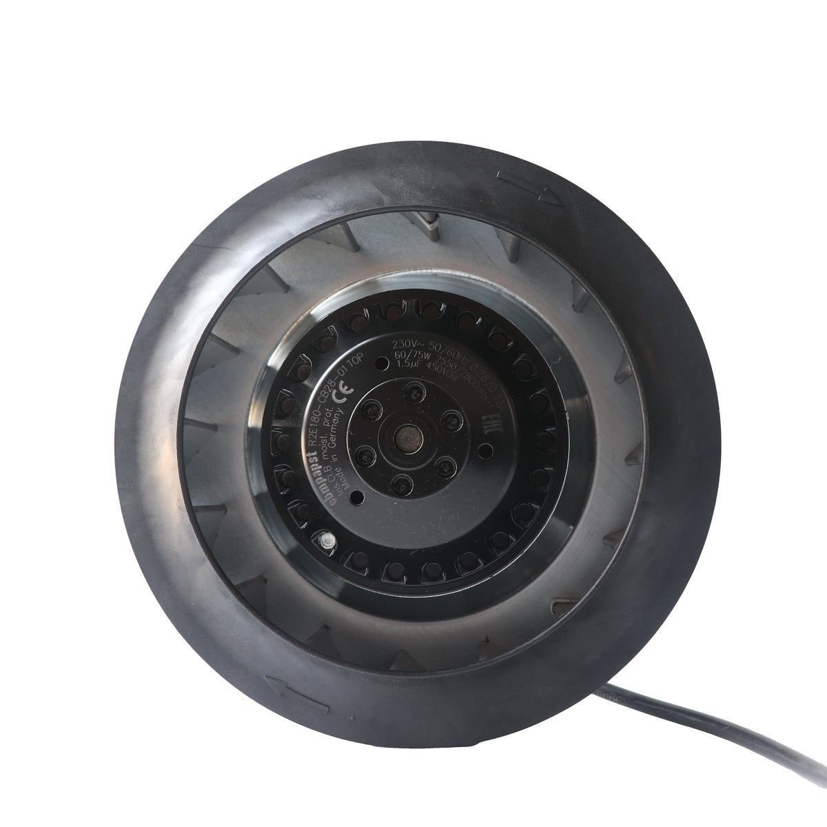 Front view of ebm-papst R2E180-CB28-01 centrifugal fan