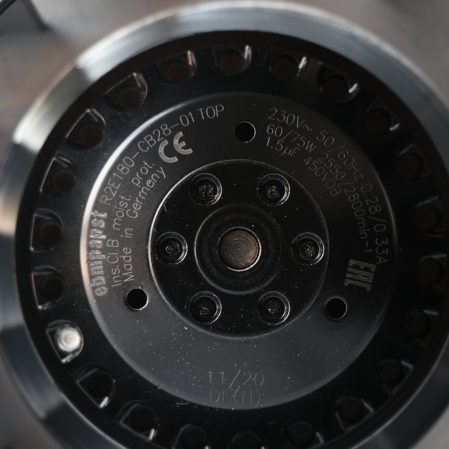 Nameplate detail of ebm-papst R2E180-CB28-01 centrifugal fan