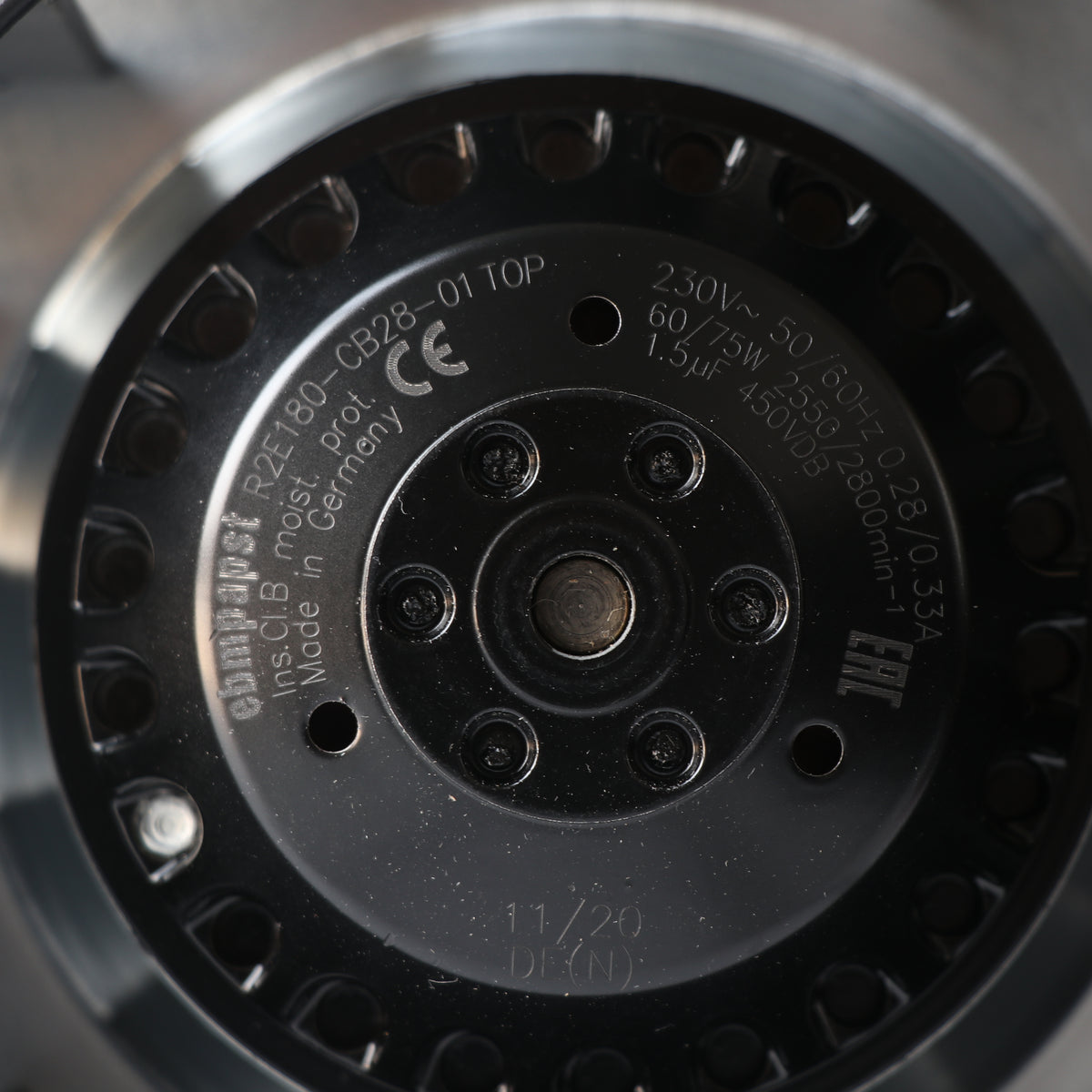Nameplate detail of ebm-papst R2E180-CB28-01 centrifugal fan
