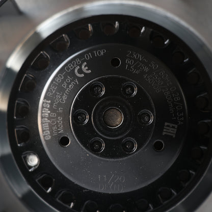 Nameplate detail of ebm-papst R2E180-CB28-01 centrifugal fan