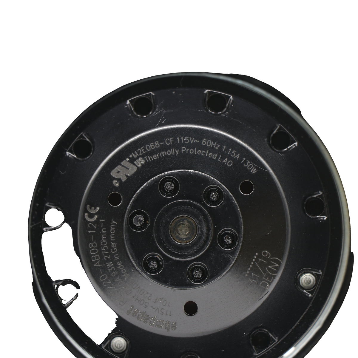 Nameplate detail of ebm-papst R2E220-AB08-12 centrifugal fan