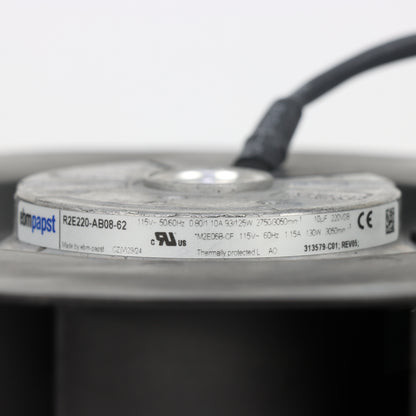 Nameplate detail of ebm-papst R2E220-AB08-62 centrifugal fan