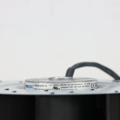 Nameplate detail of ebm-papst R2E225-AT51-14 industrial fan