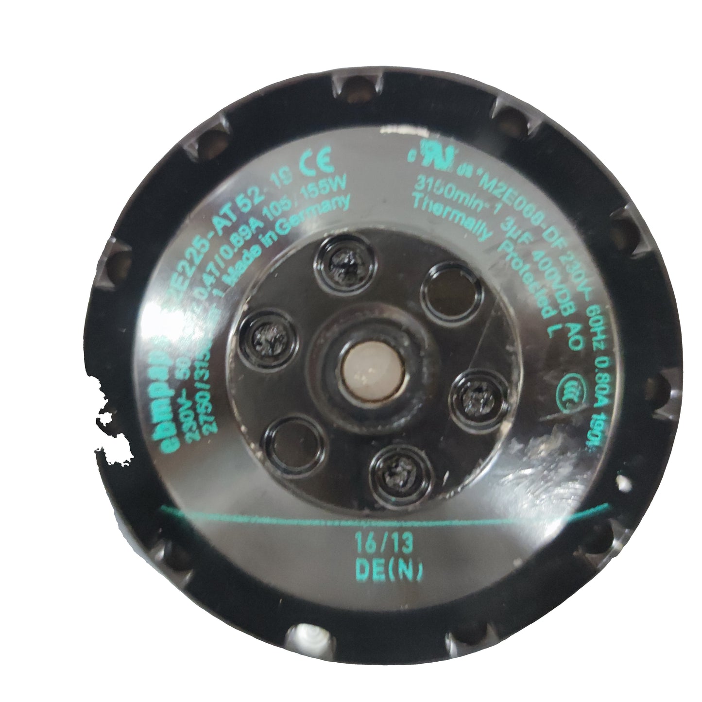 Nameplate detail of ebm-papst R2E225-AT52-19 centrifugal fan