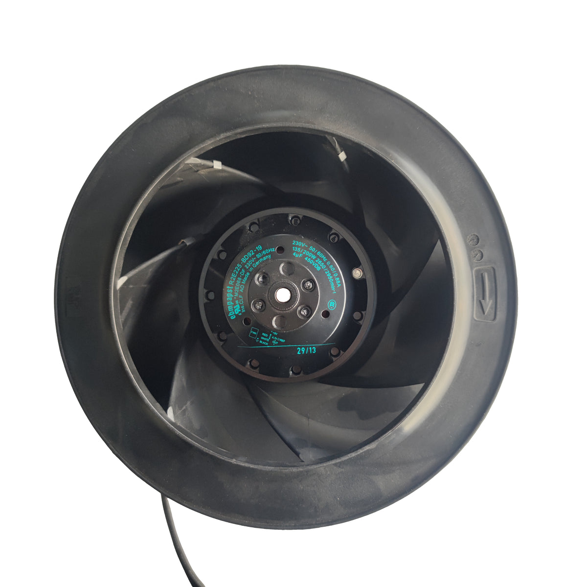 Side view of ebm-papst R2E225-BD92-19 centrifugal fan