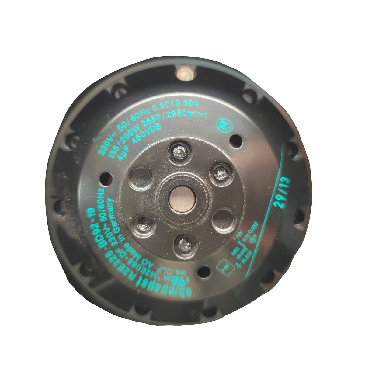Nameplate detail of ebm-papst R2E225-BD92-19 centrifugal fan