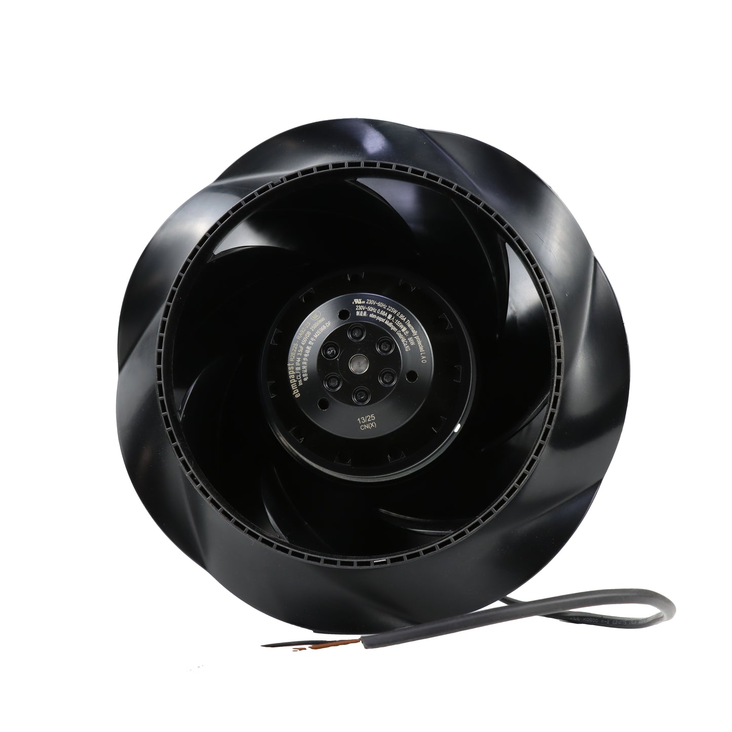 Front view of ebm-papst R2E225-RA92-23 centrifugal fan