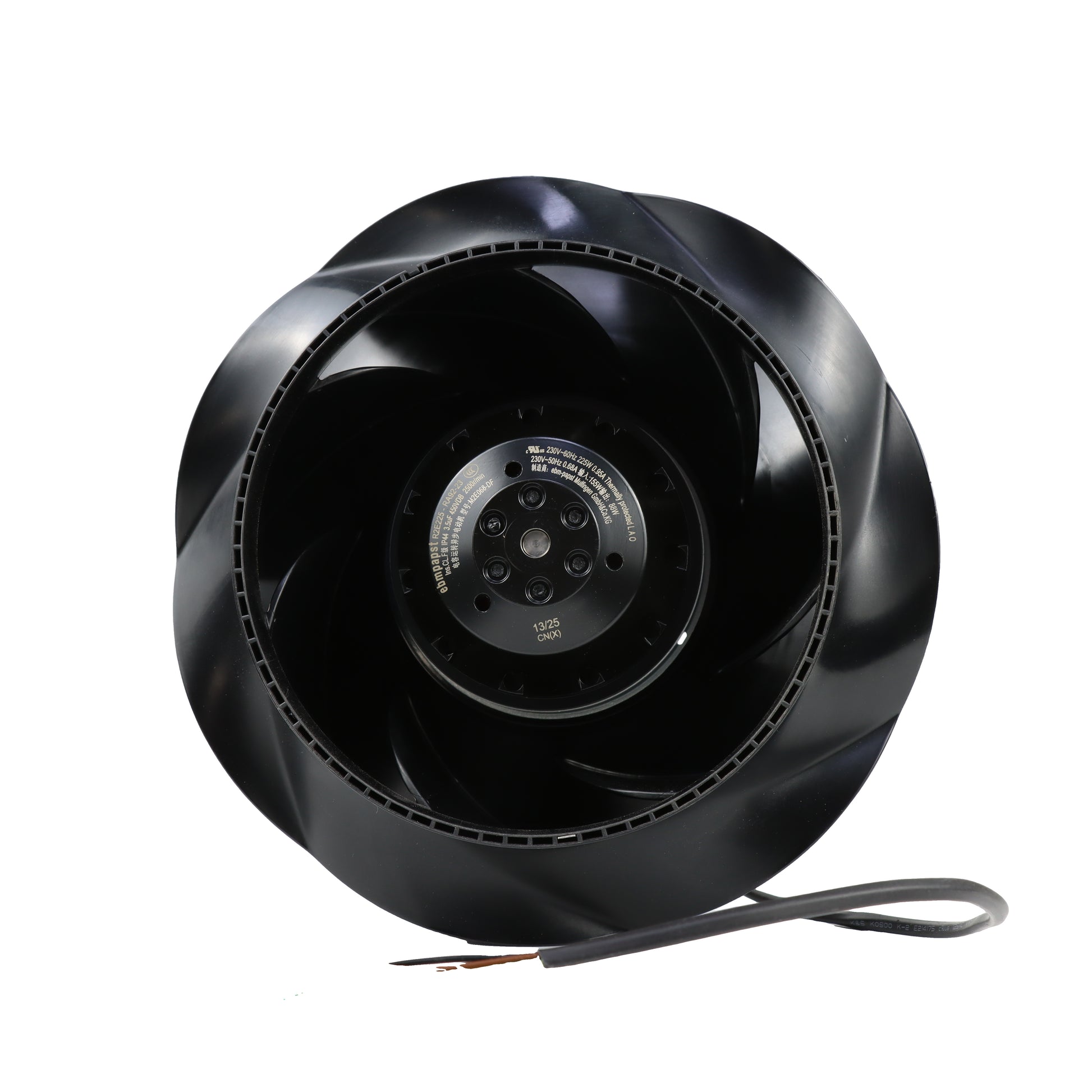 Front view of ebm-papst R2E225-RA92-23 centrifugal fan