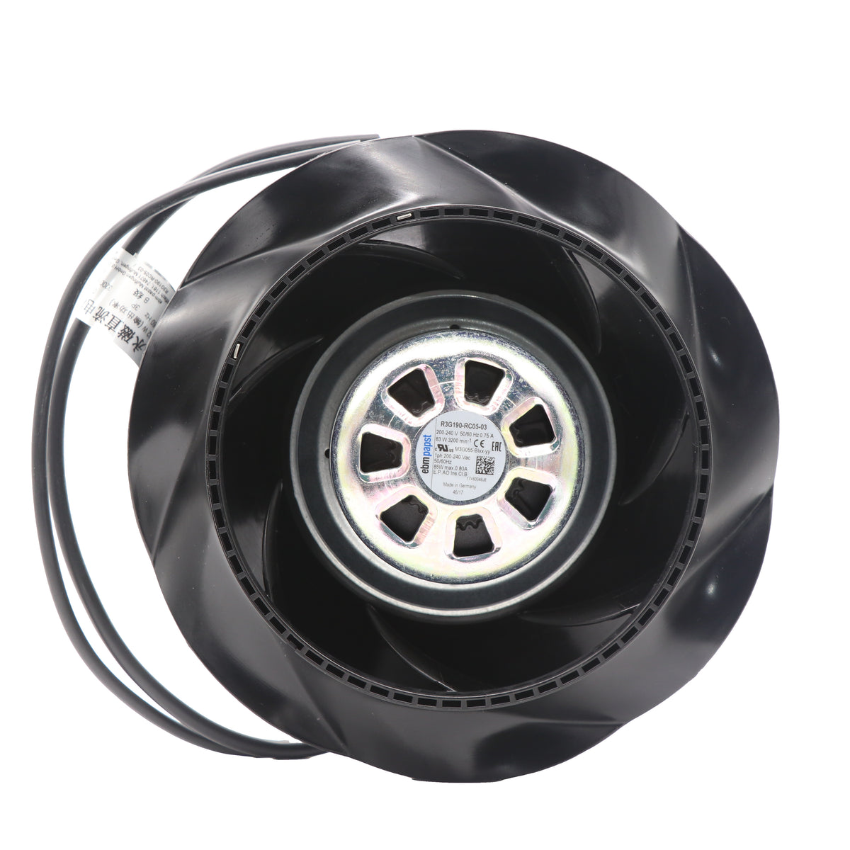 Front view of ebm-papst R3G190-RC05-03 centrifugal fan