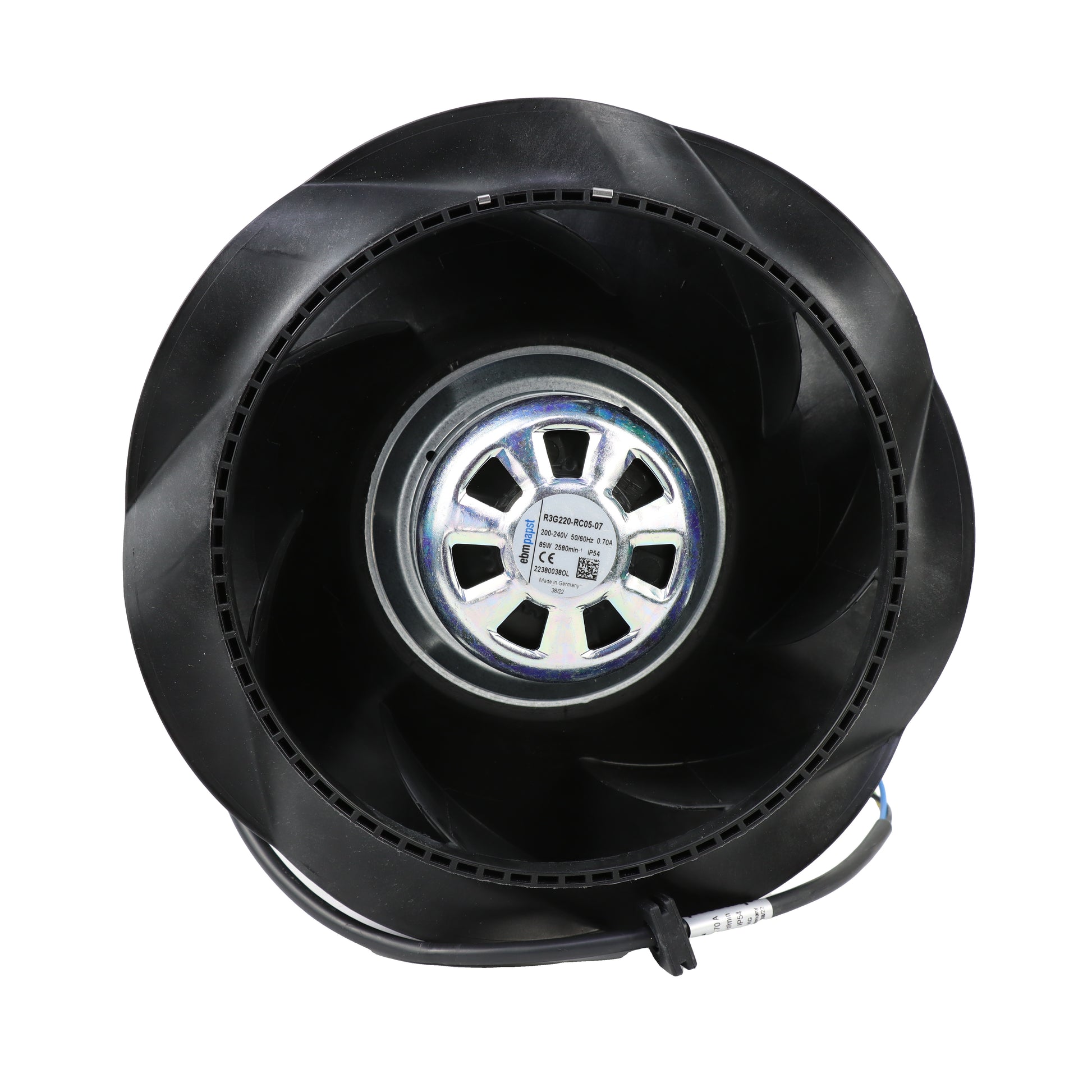 Front view of ebm-papst R3G220-RC05-07 centrifugal fan