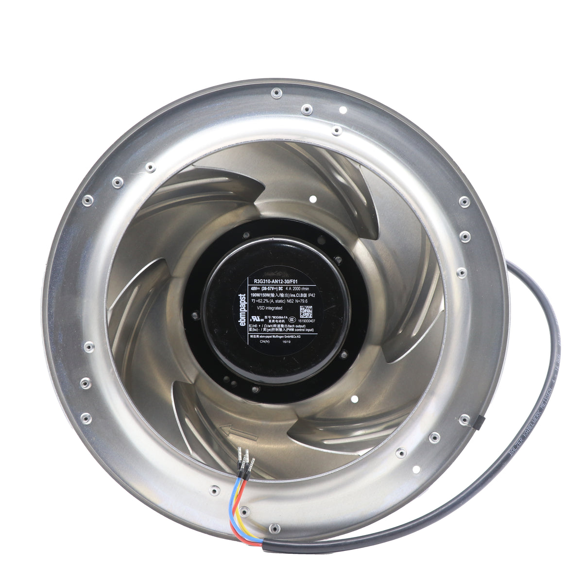Front view of ebm-papst R3G310-AN12-30/F01 centrifugal fan
