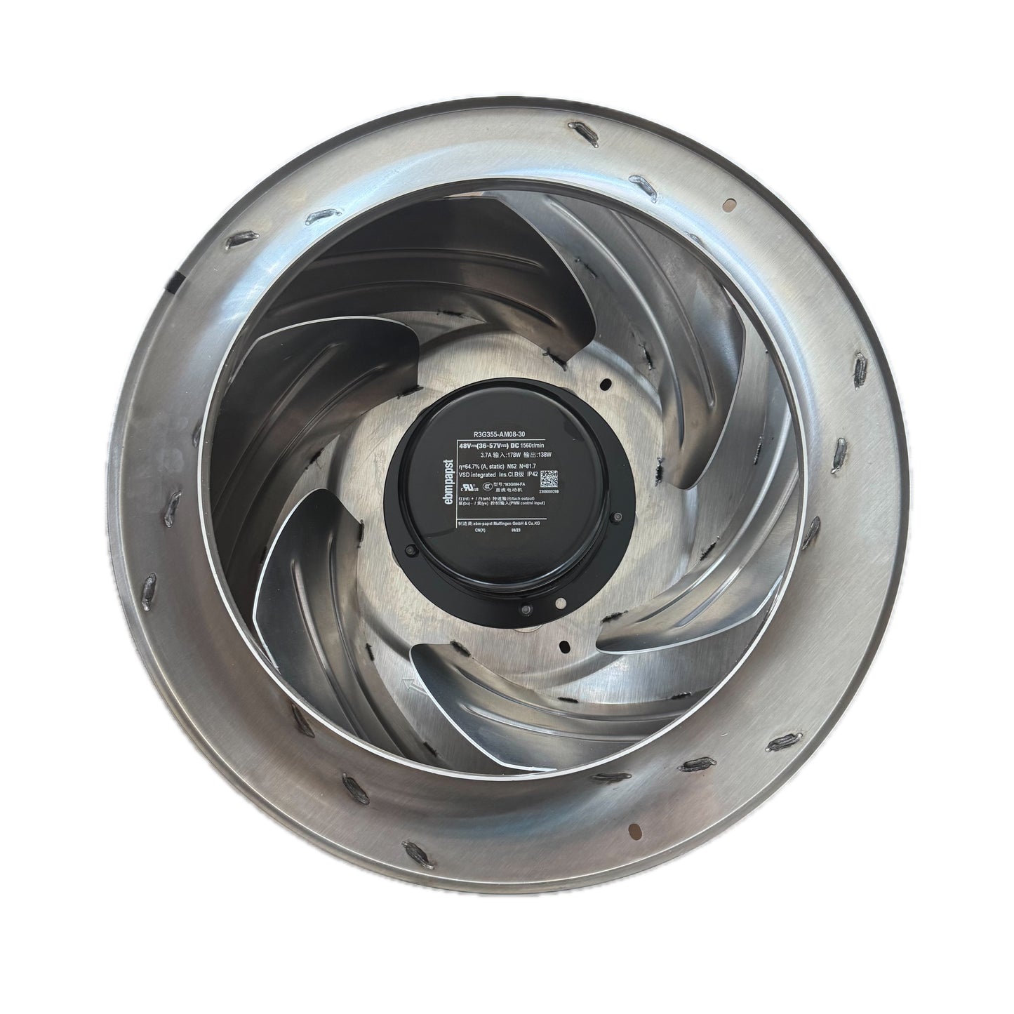 Front view of ebm-papst R3G355-AM08-30 centrifugal fan