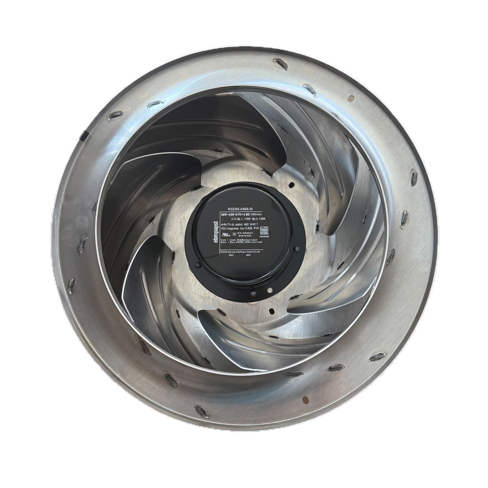 Front view of ebm-papst R3G355-AM08-30 centrifugal fan