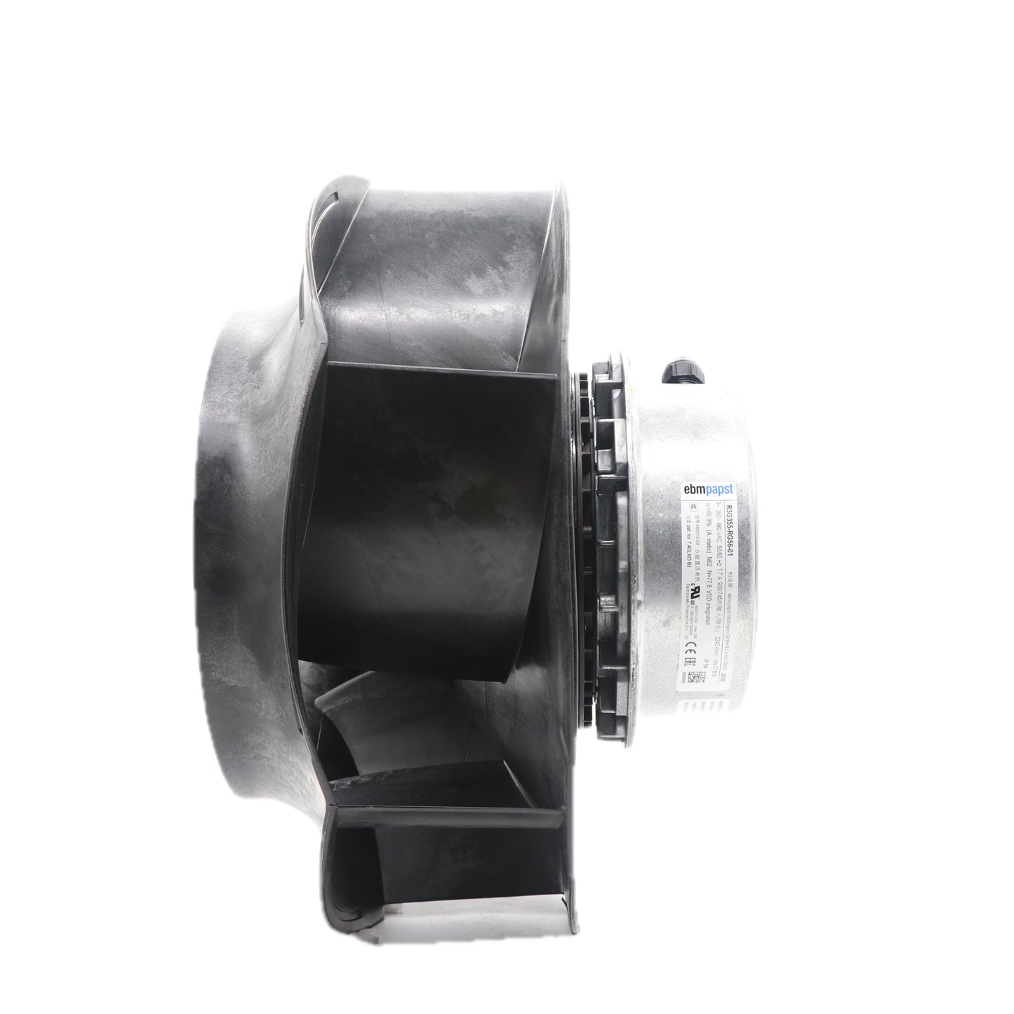 Side view of ebm-papst R3G355-RG56-01 centrifugal fan