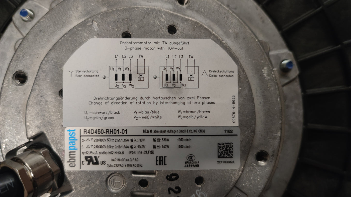 Nameplate detail of ebm-papst R4D450-RH01-01 centrifugal fan