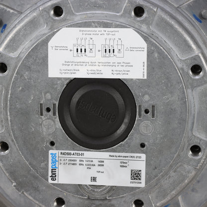 Nameplate detail of ebm-papst R4D500-AT03-01 centrifugal fan