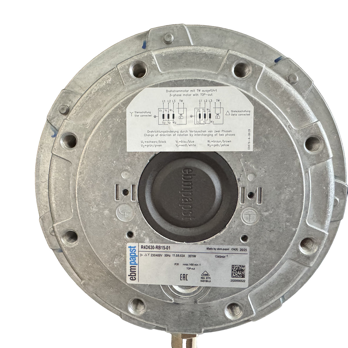 Nameplate detail of ebm-papst R4D630-RB15-01 centrifugal fan