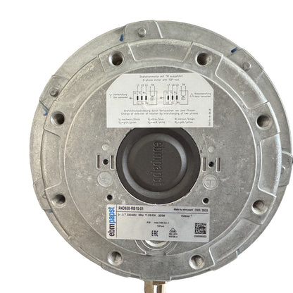 Nameplate detail of ebm-papst R4D630-RB15-01 centrifugal fan