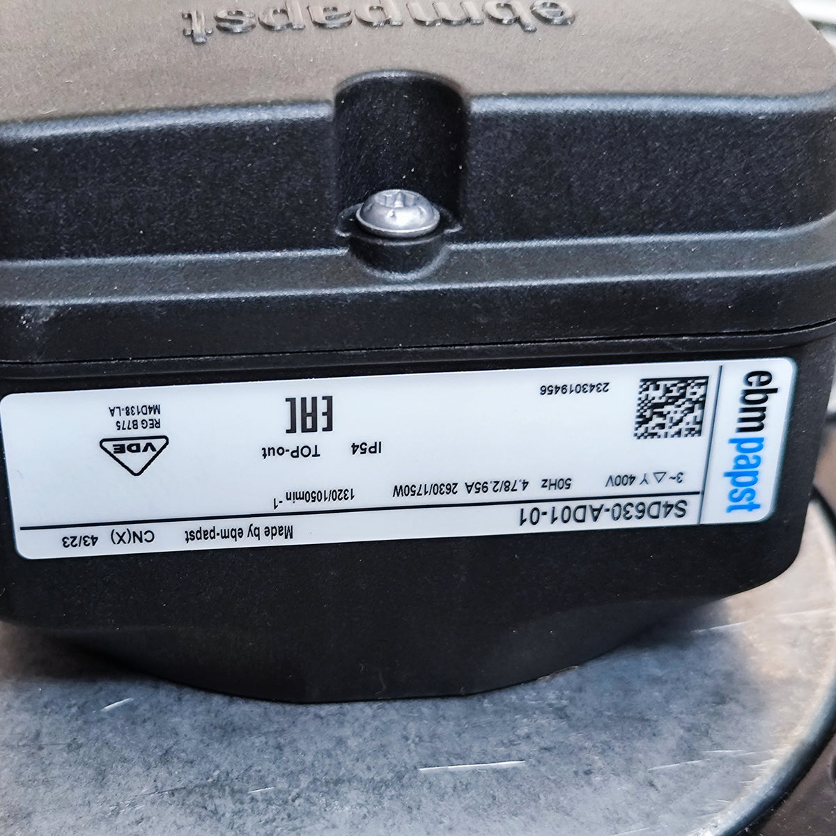 Nameplate detail of ebm-papst S4D630-AD01-01 axial fan