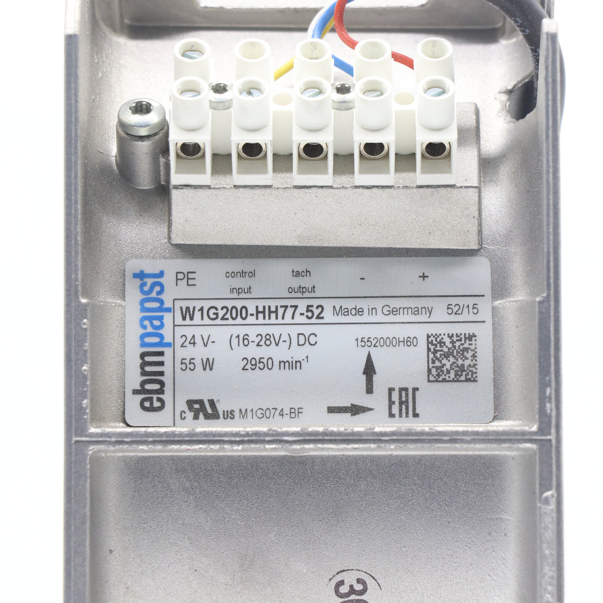 Nameplate detail of ebm-papst W1G200-HH77-52 axial fan