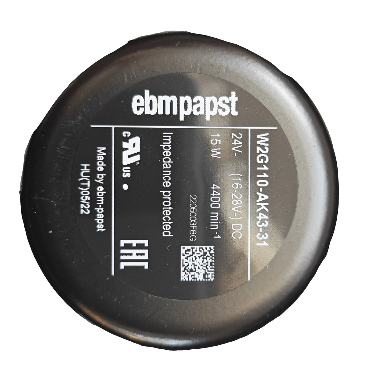 Nameplate detail of ebm-papst W2G110-AK43-31 axial fan