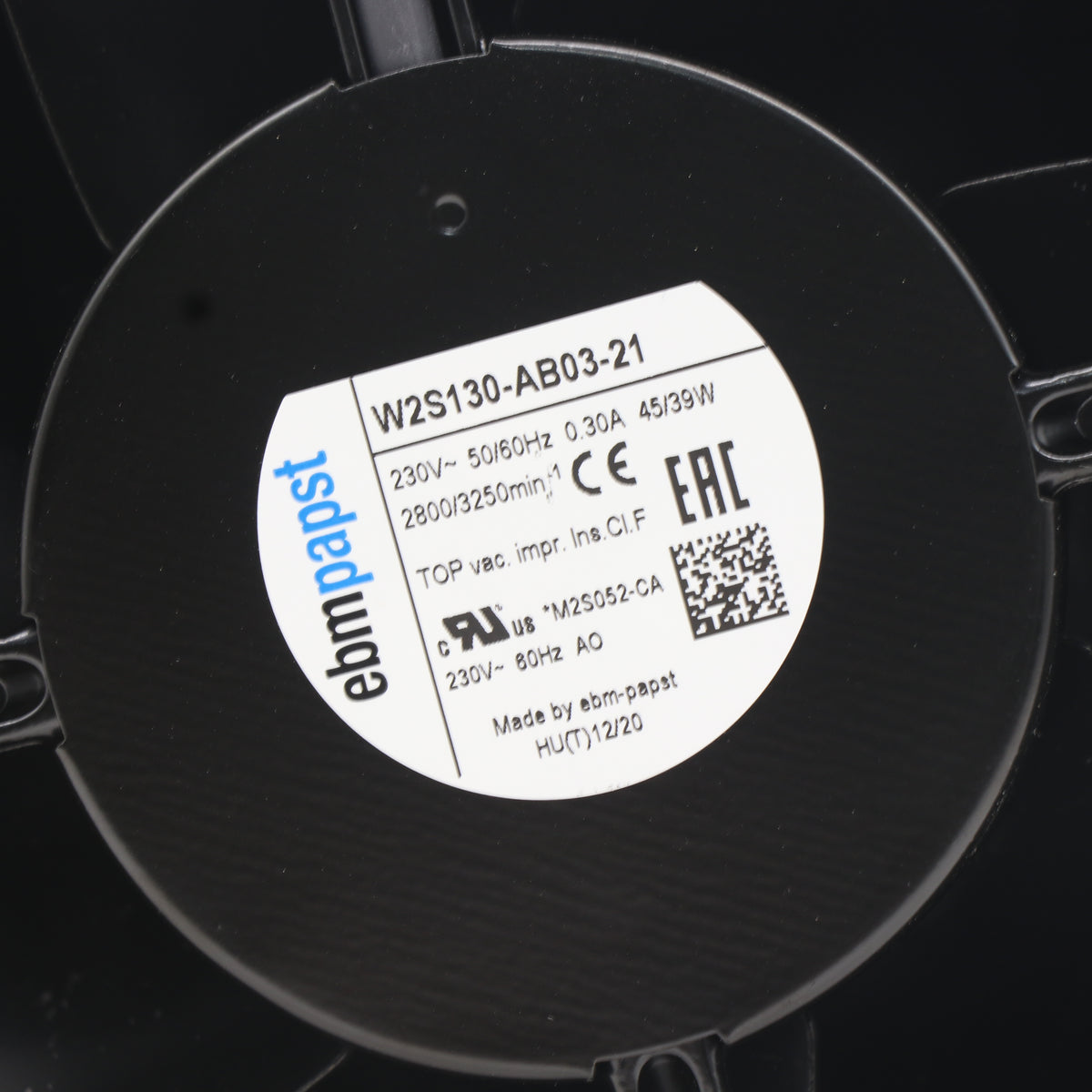 Nameplate detail of ebm-papst W2S130-AB03-21 axial fan