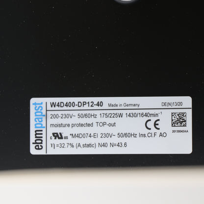 Nameplate detail of ebm-papst W4D400-DP12-40 axial fan
