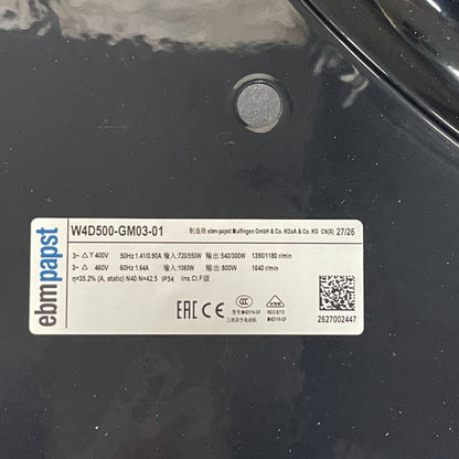 Nameplate detail of ebm-papst W4D500-GM03-01 axial fan